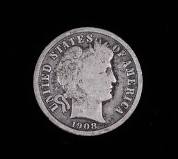 1908 D BARBER SILVER DIME COIN