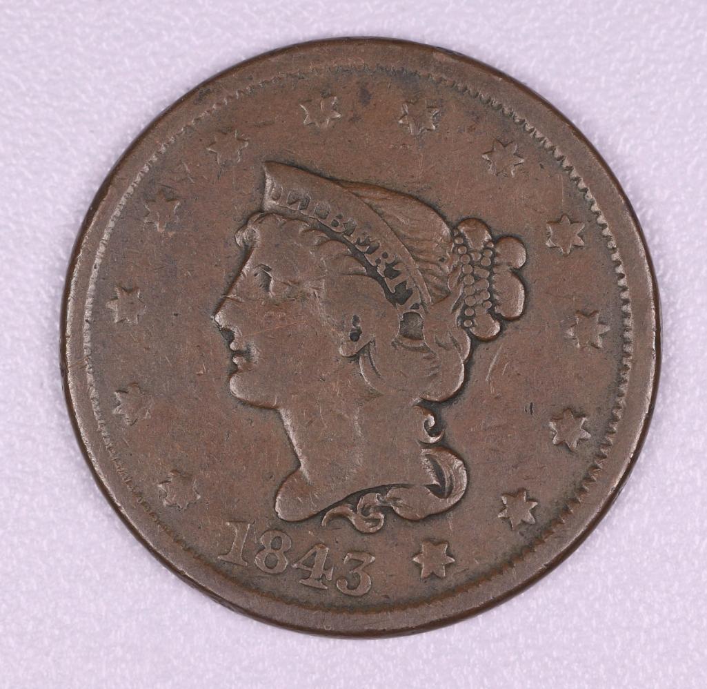 1843 LARGE CENT COPPER US COIN **PETITE HEAD/ LARGE LETTERS VARIETY**