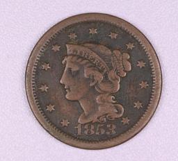 1853 LARGE CENT US COPPER COIN