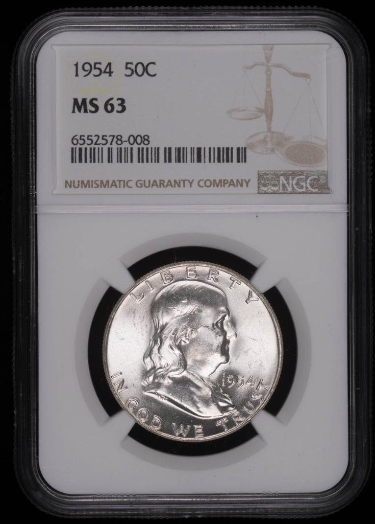 1954 FRANKLIN SILVER HALF DOLLAR COIN NGC MS63