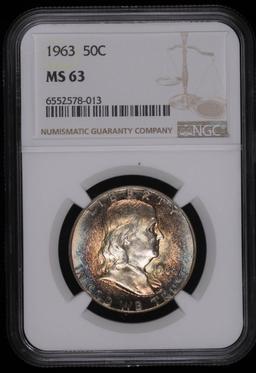 1963 FRANKLIN SILVER HALF DOLLAR COIN NGC MS63 BEAUTIFUL TONING!