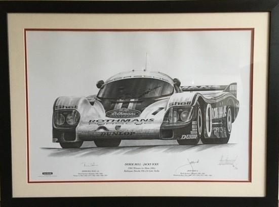 Porsche 956 Le Mans 1982 print, signed by Derek Bell and Jacky Ickx