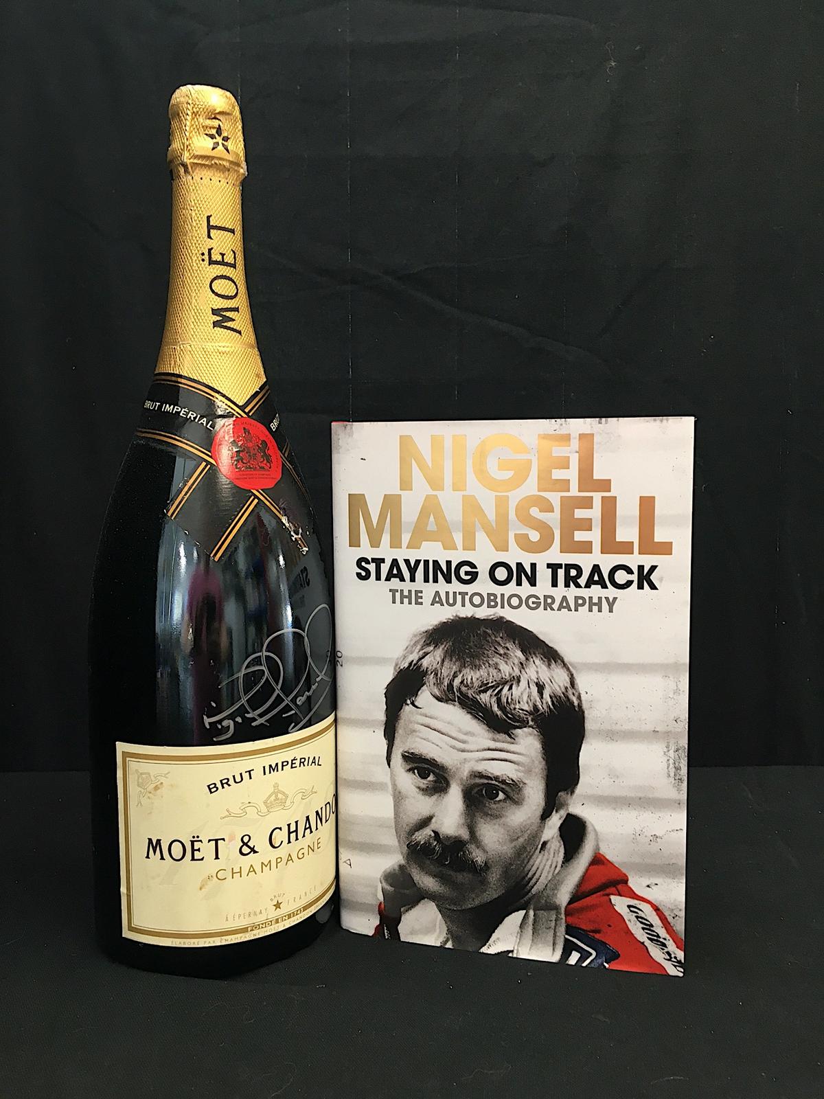 Champagne bottle and book, signed by Nigel Mansell CBE