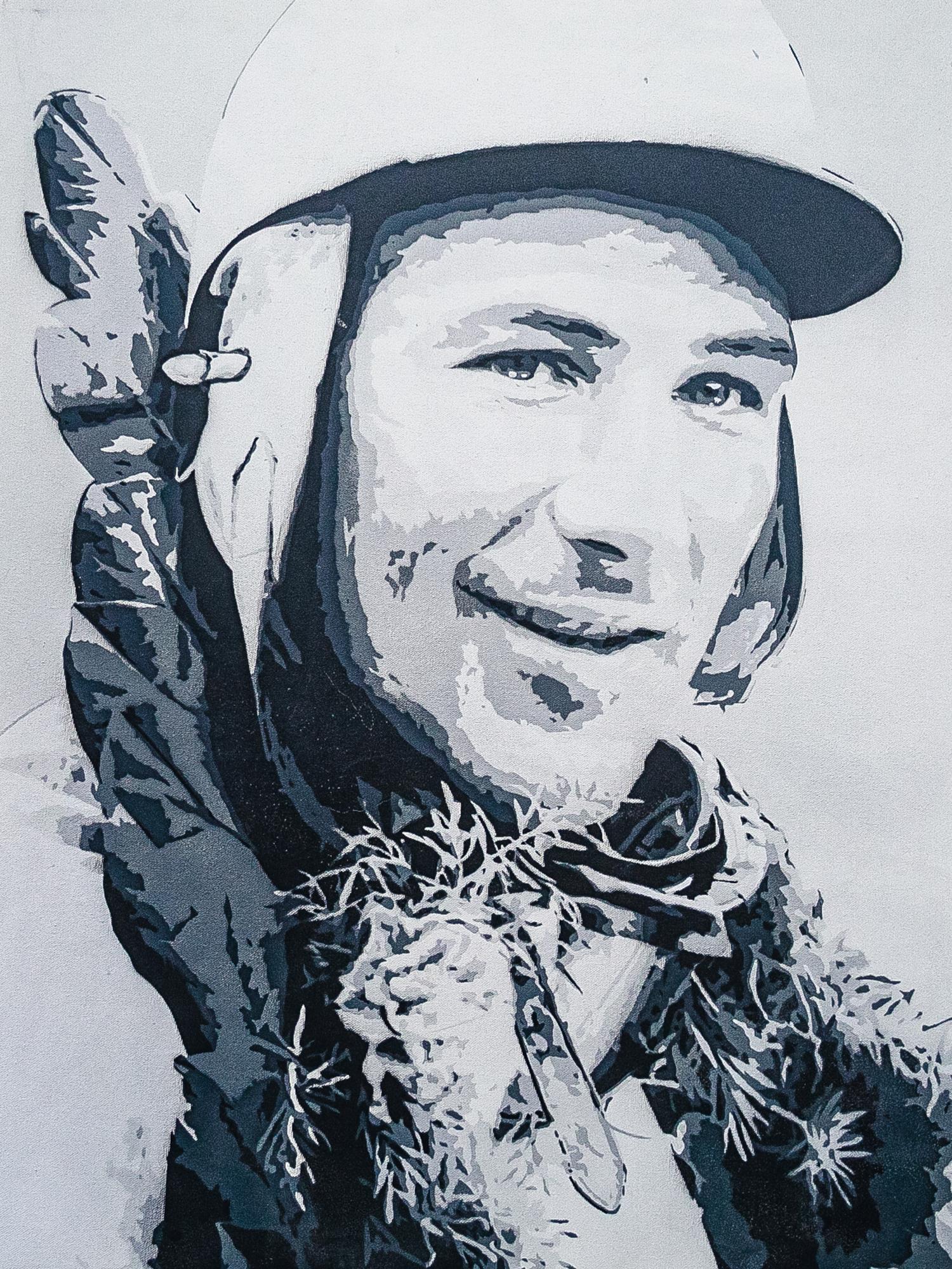 Stencilled painting on canvas of Sir Stirling Moss