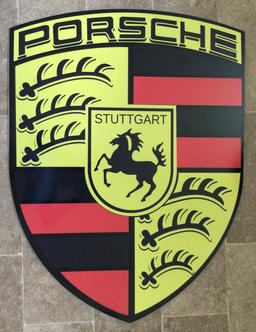 A Very Large and Impressive Metal Porsche Dealer-Type Wall or Garage Shield Sign