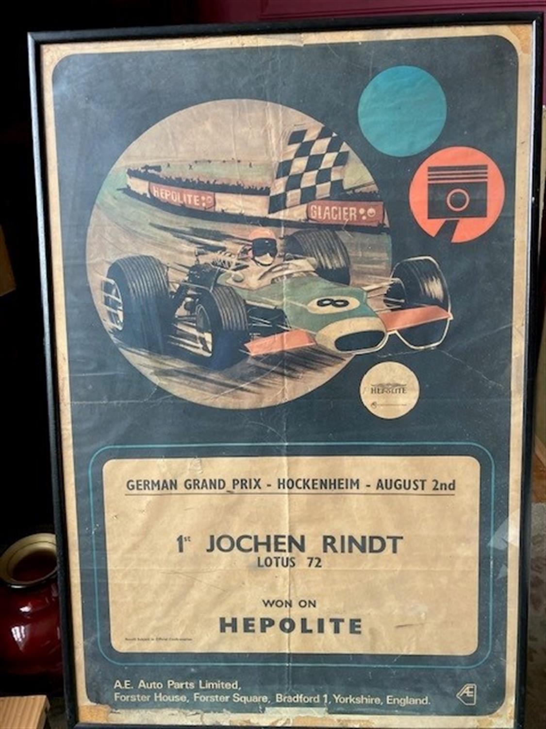 Hepolite Trade Poster Announcing the Result of the 1970 German GP