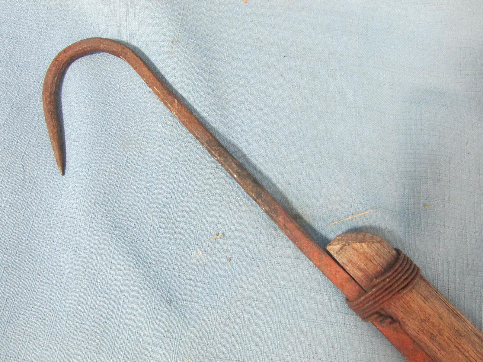 Old Homemade Gaff Hook – Iron Hook attached to Wooden Handle – 21 1/2”L – As shown
