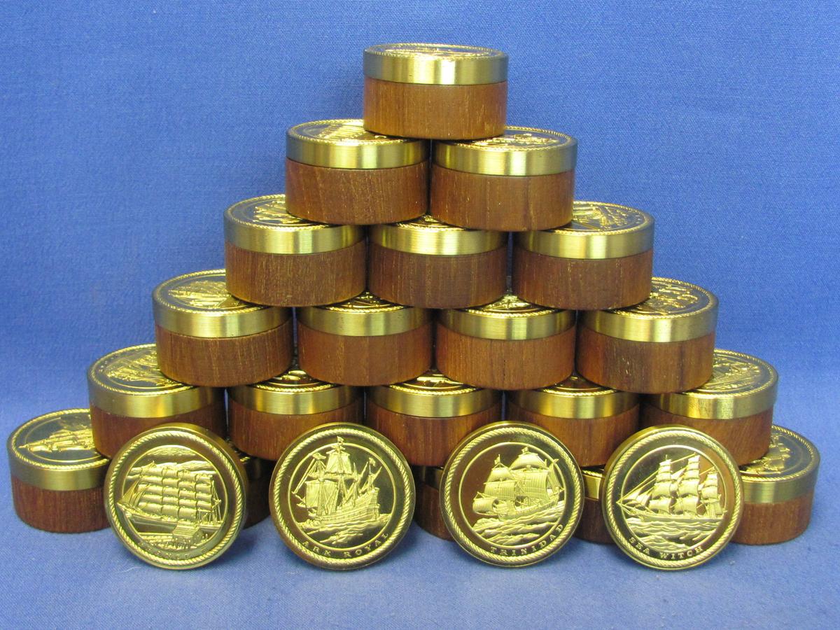 Set of 25 – Franklin Mint Sailing Ships Box Collection – Wood Base – Brass Top – 1 1/2” in diameter