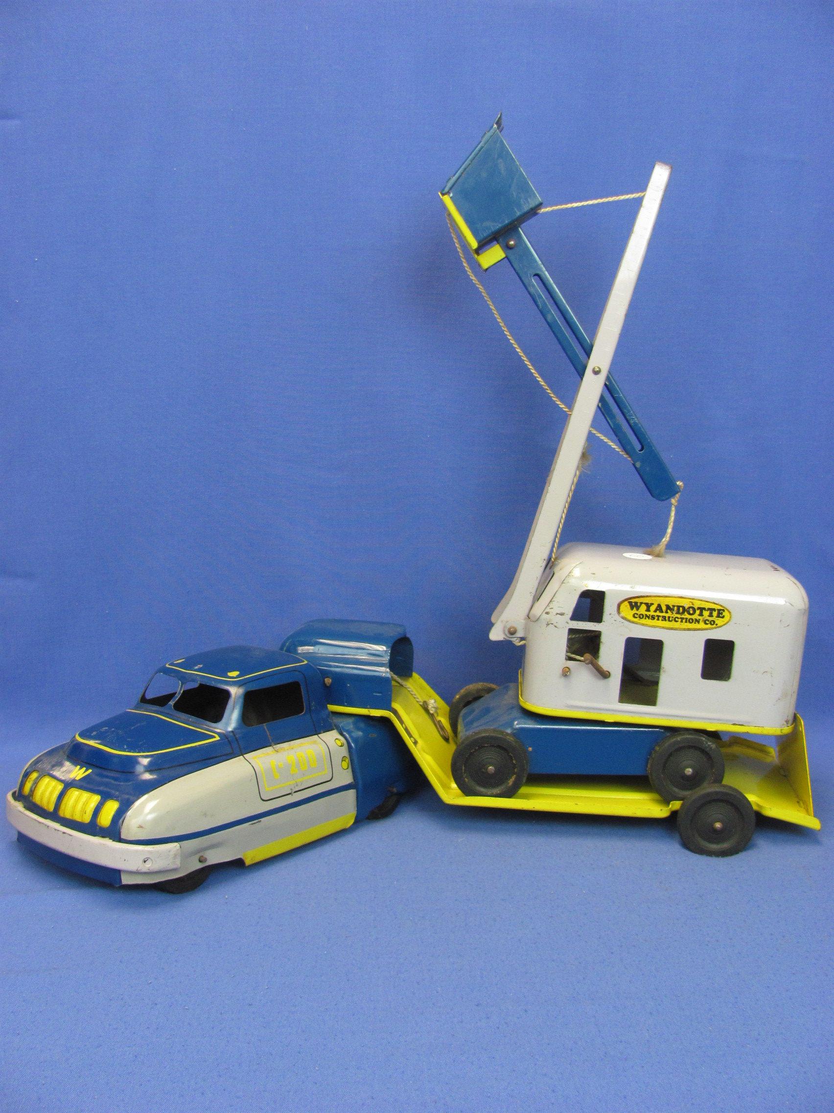 Wyandotte Truck w Lowboy Trailer & Crane – Blue/Yellow/Grey – 22” long – Works – Original