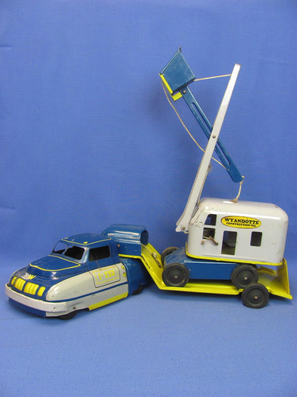 Wyandotte Truck w Lowboy Trailer & Crane – Blue/Yellow/Grey – 22” long – Works – Original