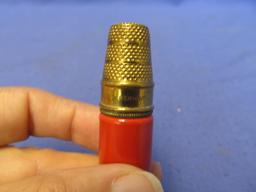 German Made Brass Thimble & Red Enamel Traveler's sewing kit – appx 2 1/4” L