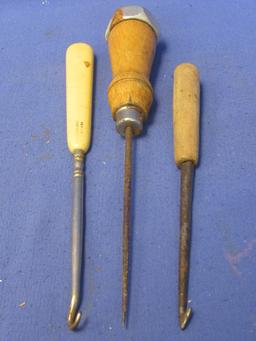 Ice Pick &  2 Button Hooks (one French Ivory Handle)
