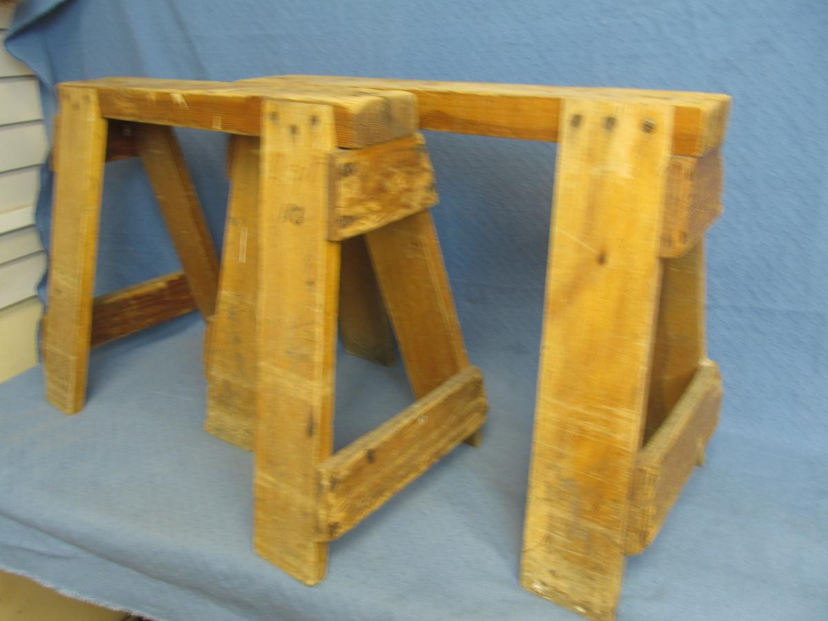Pair of cute small Wooden Sawhorses w/ nice Patina – Stand 19” T X 24” L X 12 1/2” Wide at Base