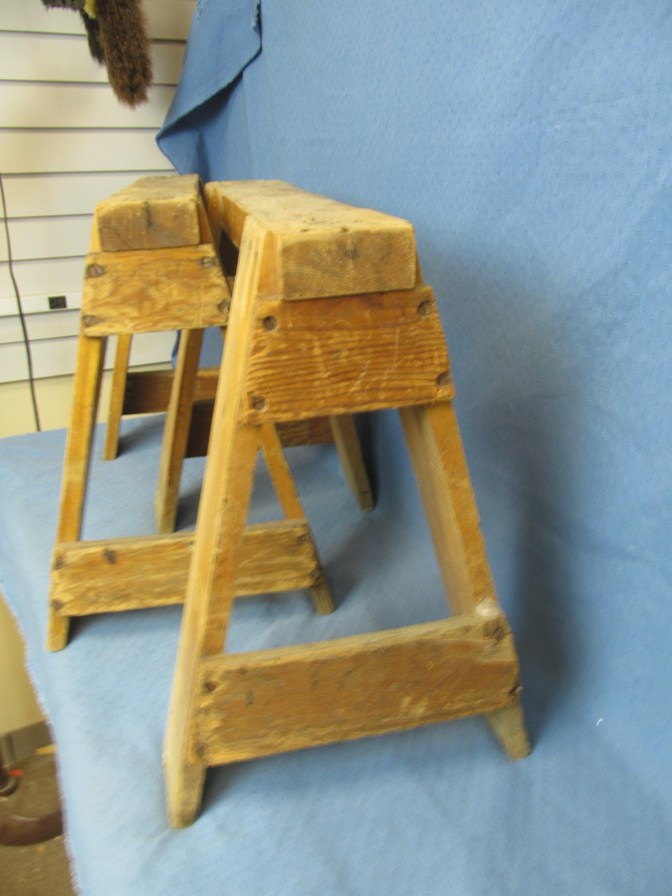 Pair of cute small Wooden Sawhorses w/ nice Patina – Stand 19” T X 24” L X 12 1/2” Wide at Base