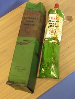 Vintage Texaco Outboard Motor Grease in original Cardboard Box decorated with Boats
