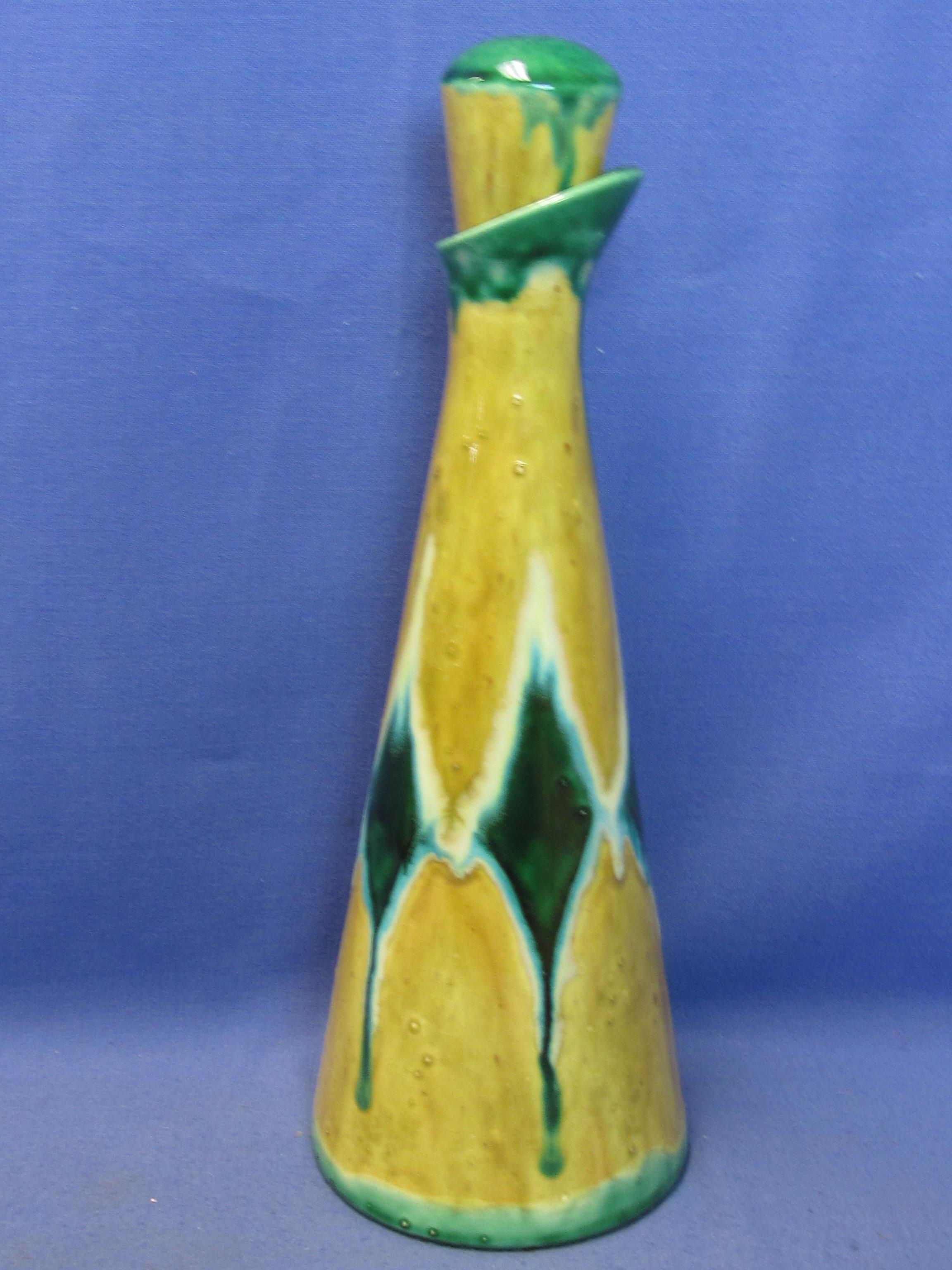 Vintage 12” Ceramic Decanter Bottle with Stopper – Green Drip Glaze Harlequin Pattern