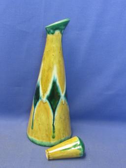 Vintage 12” Ceramic Decanter Bottle with Stopper – Green Drip Glaze Harlequin Pattern