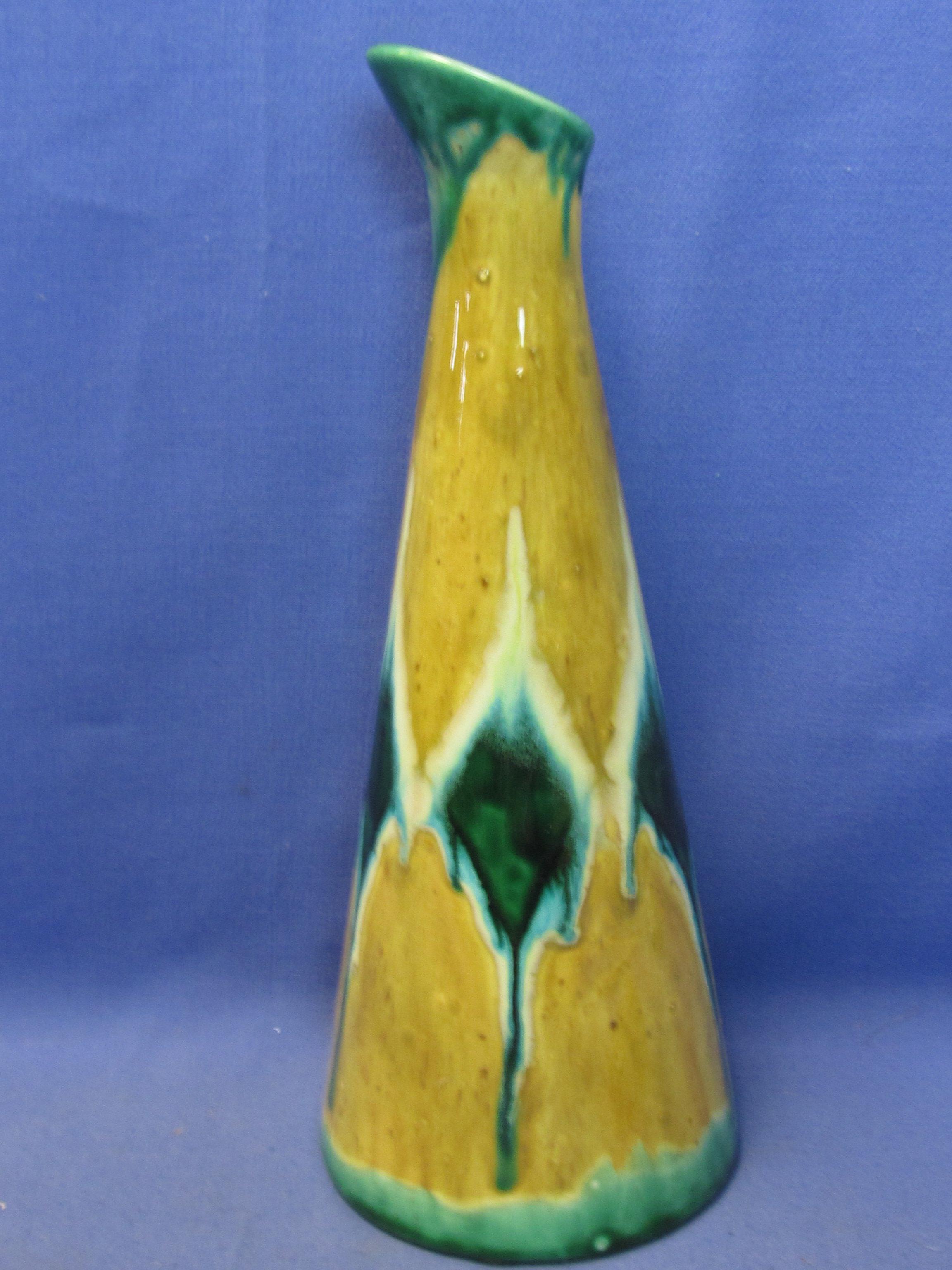 Vintage 12” Ceramic Decanter Bottle with Stopper – Green Drip Glaze Harlequin Pattern