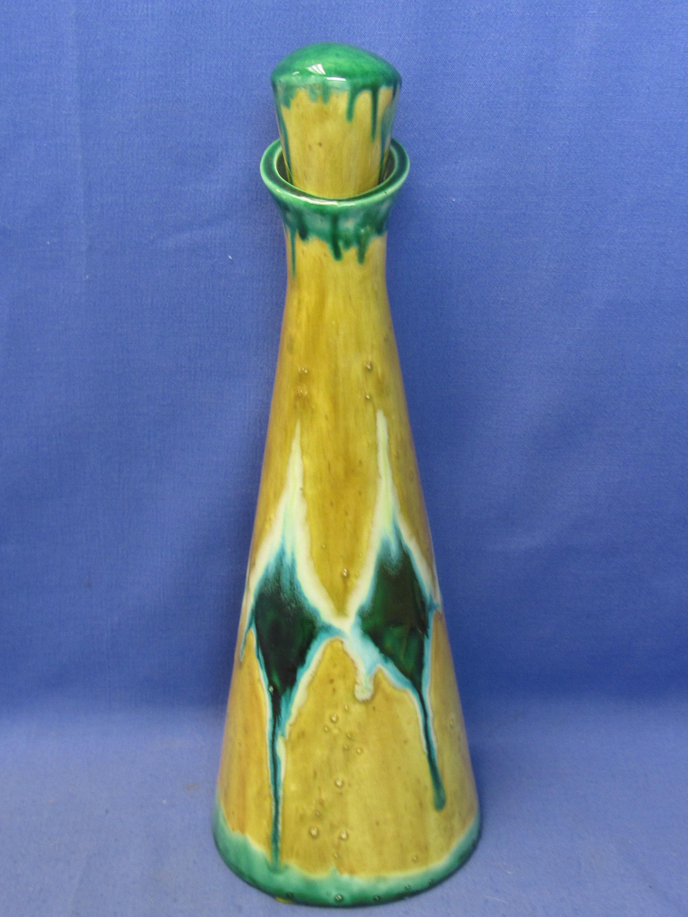 Vintage 12” Ceramic Decanter Bottle with Stopper – Green Drip Glaze Harlequin Pattern