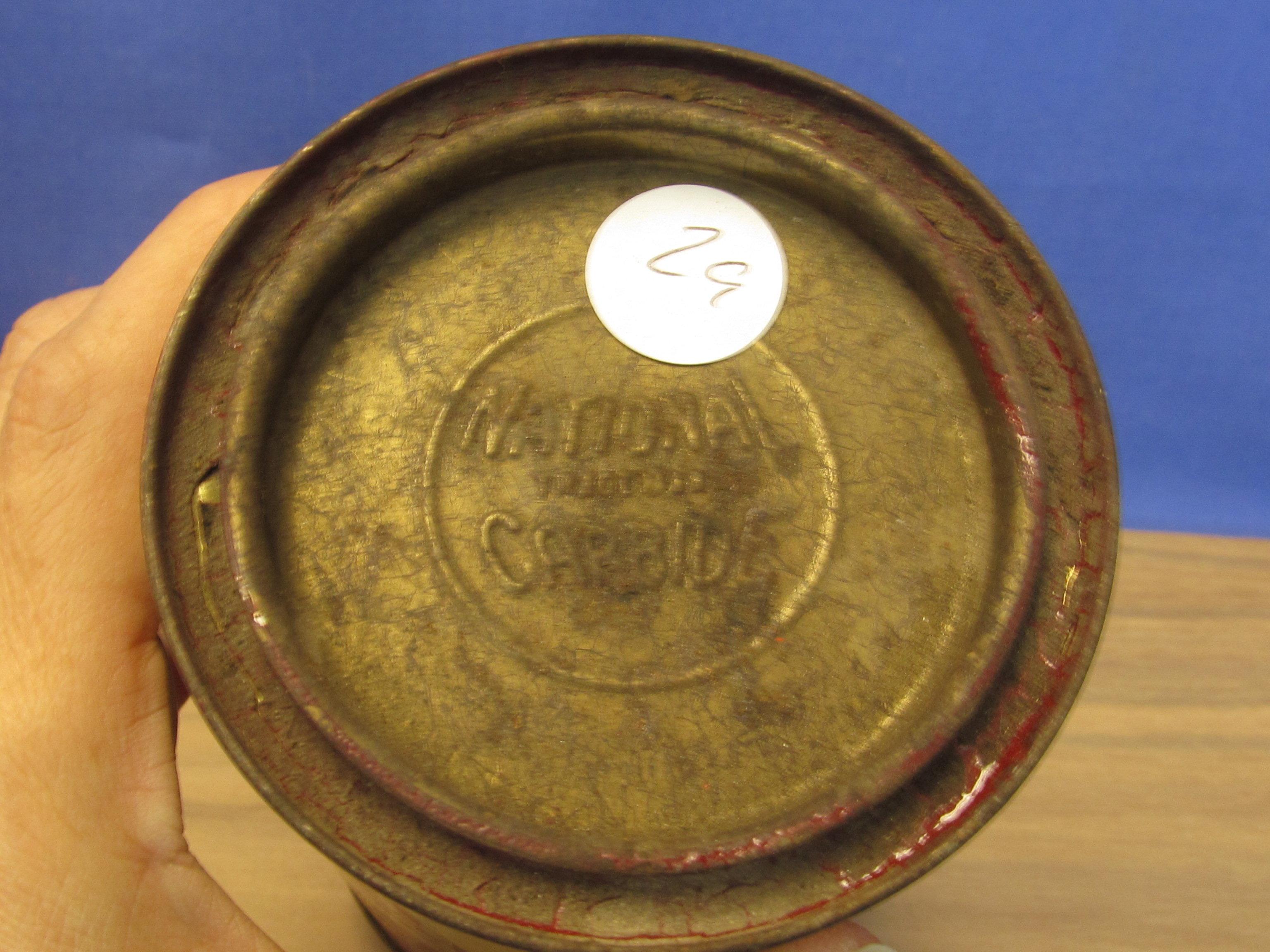 National Carbide Tin - “Carbide for use in Miner's, Bicycle & other such Carbide Lamps” -  6 1/84” T