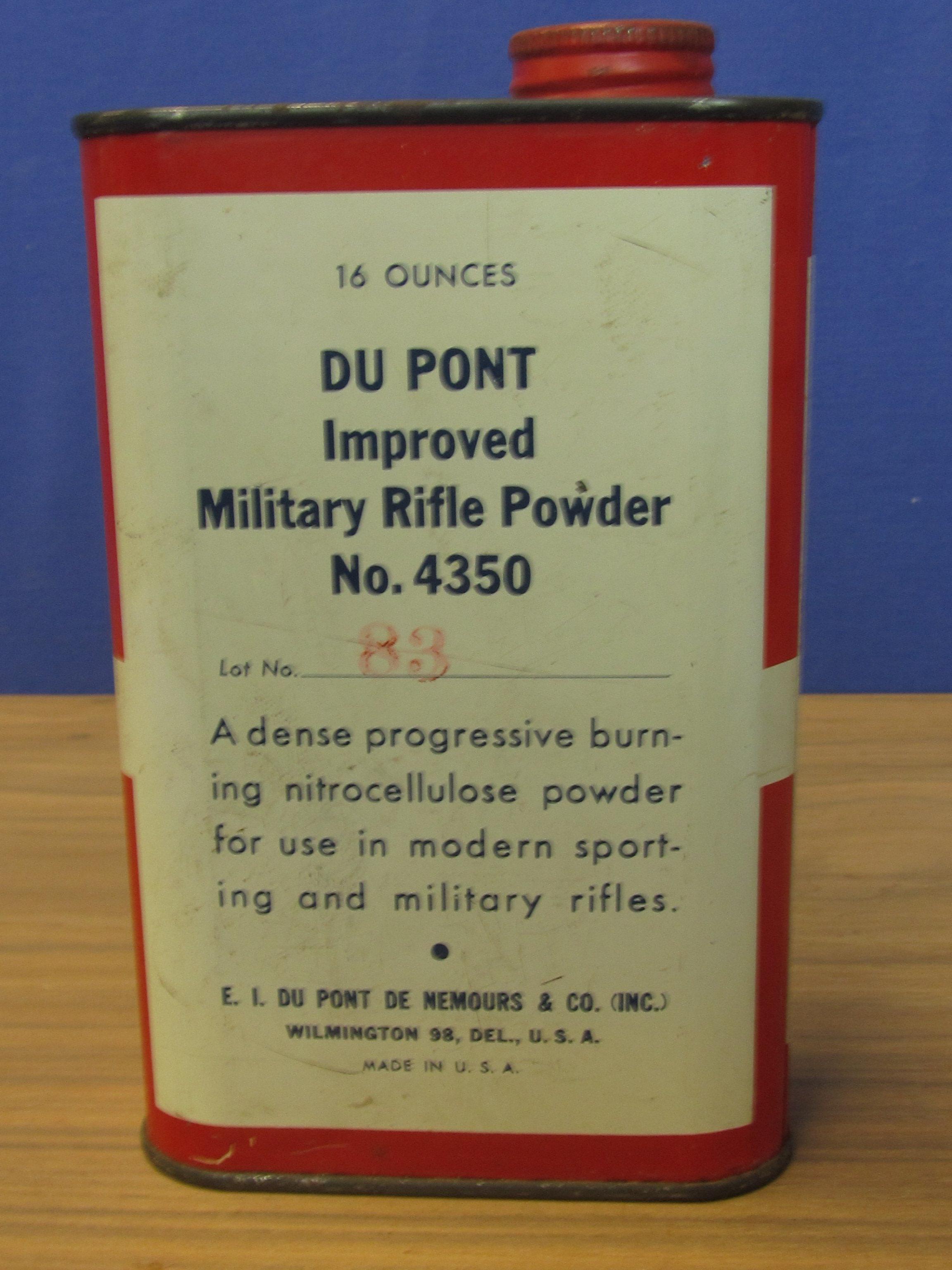 Vintage Tin: Du Pont Improved Military Rifle Powder Number 4350 16 oz net – Empty