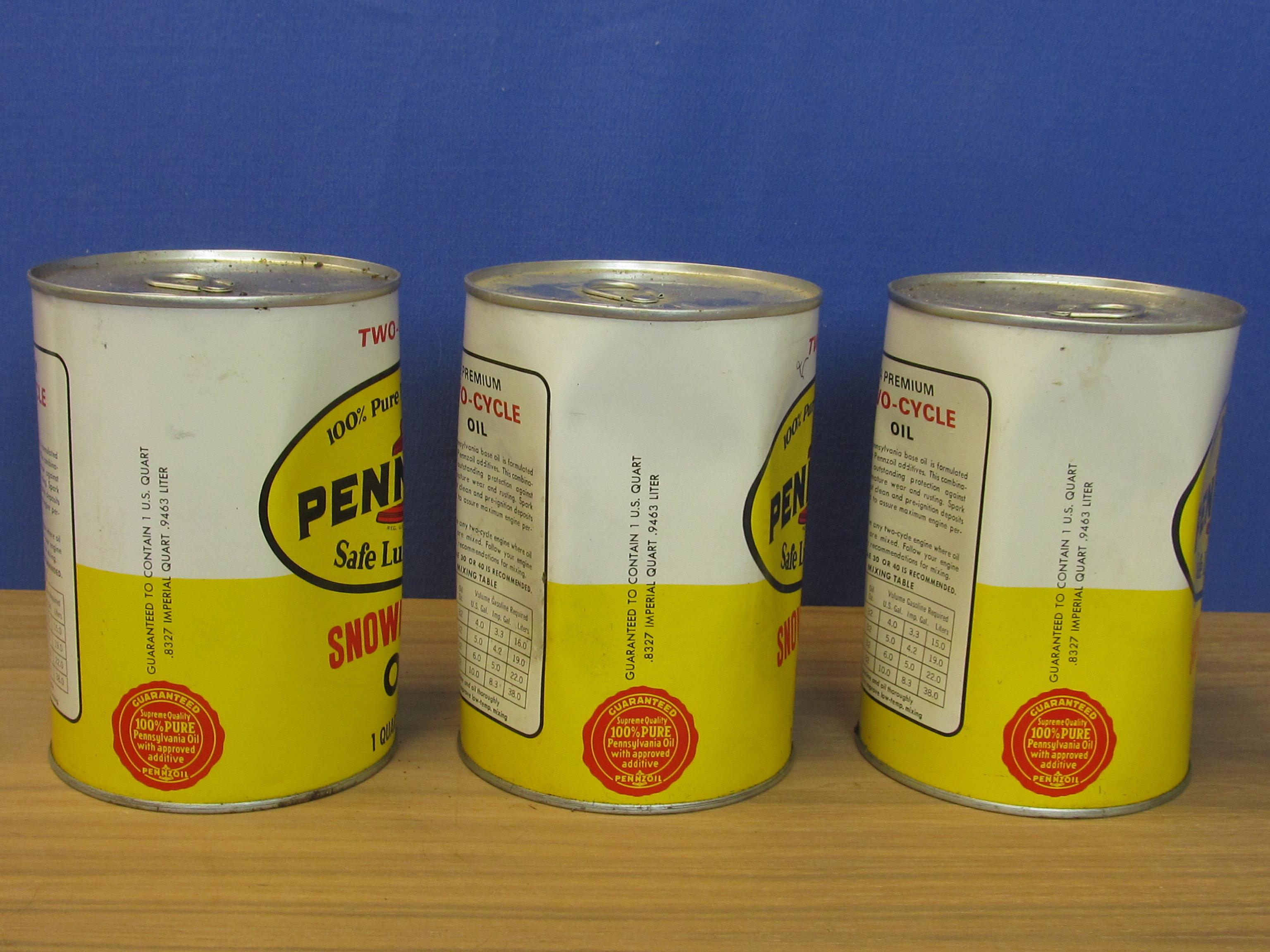 3 Vintage 1 Quart Metal Cans of Pennzoil Two Cycle Snowmobile Oil – All Full