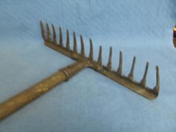 Vintage Iron Rake – 47 1/2” Tall (nicely worn wooden handle) w/ 13 1/2” W Iron rake Head