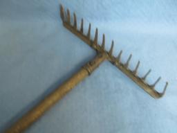 Vintage Iron Rake – 47 1/2” Tall (nicely worn wooden handle) w/ 13 1/2” W Iron rake Head