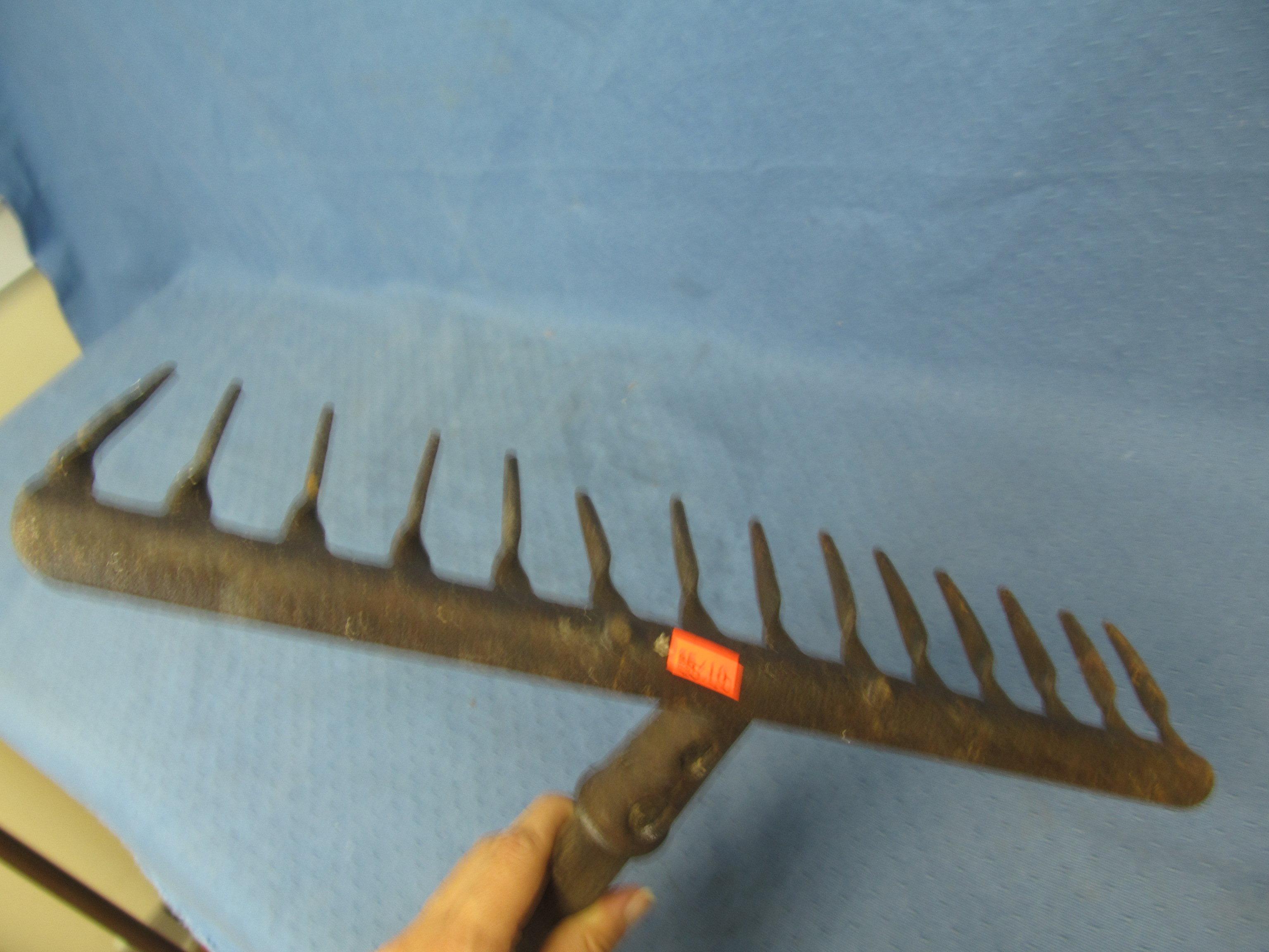 Vintage Iron Rake – 47 1/2” Tall (nicely worn wooden handle) w/ 13 1/2” W Iron rake Head