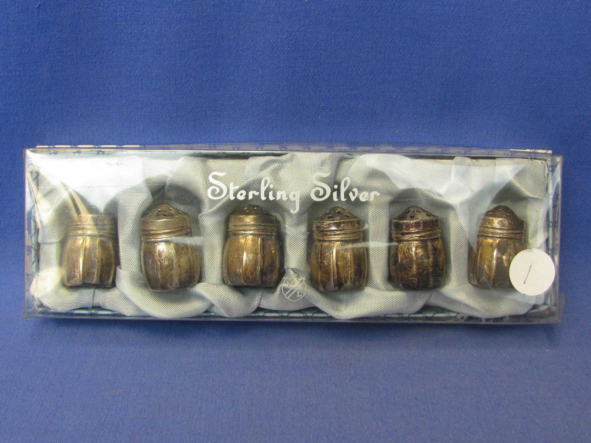 Set of 6 Sterling Silver Salt Shakers – In Original Box – 1 3/6” tall – Weight is 23.2 grams