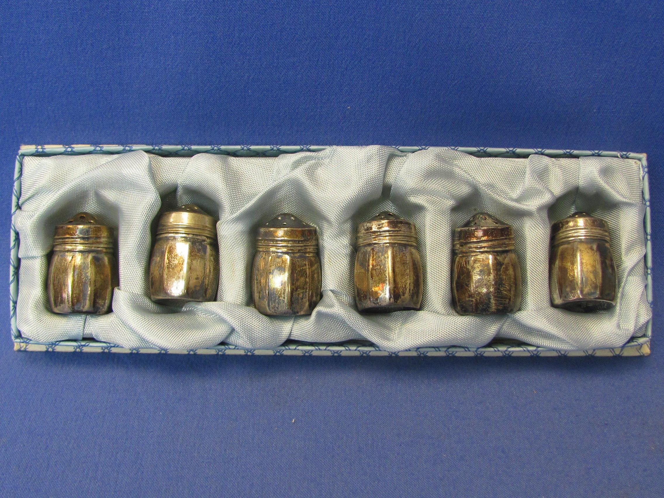 Set of 6 Sterling Silver Salt Shakers – In Original Box – 1 3/6” tall – Weight is 23.2 grams