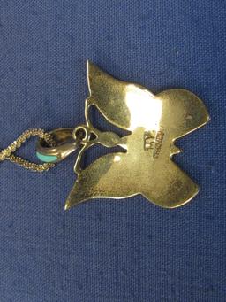 Sterling Silver Butterfly Pendant – Inlaid Stone – Signed - 18” Sterling Chain – Weight is 9.1 grams