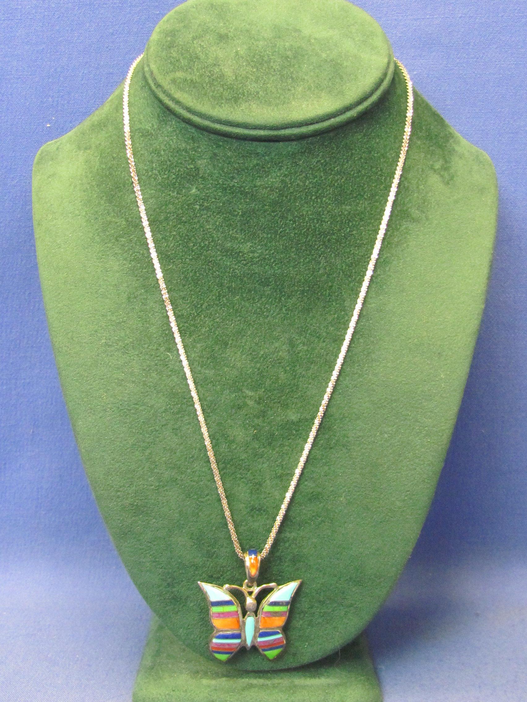 Sterling Silver Butterfly Pendant – Inlaid Stone – Signed - 18” Sterling Chain – Weight is 9.1 grams