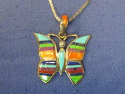 Sterling Silver Butterfly Pendant – Inlaid Stone – Signed - 18” Sterling Chain – Weight is 9.1 grams