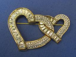 Large Goldtone Pin with Swarovski Crystals – Interlocking Hearts – 2 3/4” wide