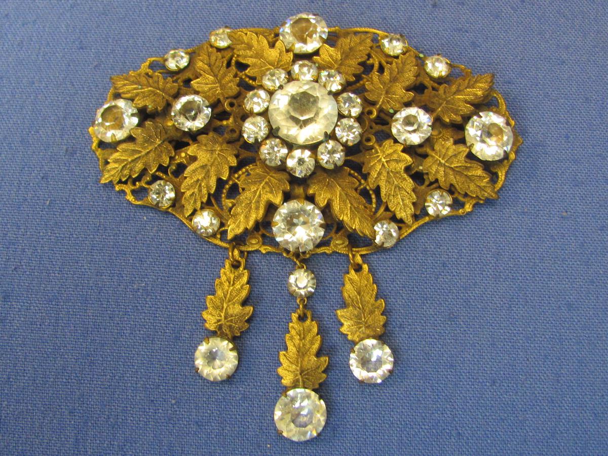 Fabulous Vintage Pin/Brooch – Leaves w Glass Stones – 3” wide