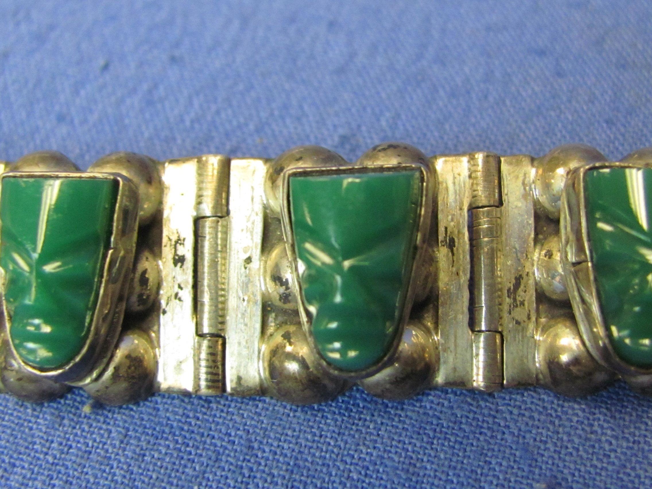 Mexican Sterling Silver Bracelet – Green Stones w Carved Faces – 7 1/2” long – 45.8 grams