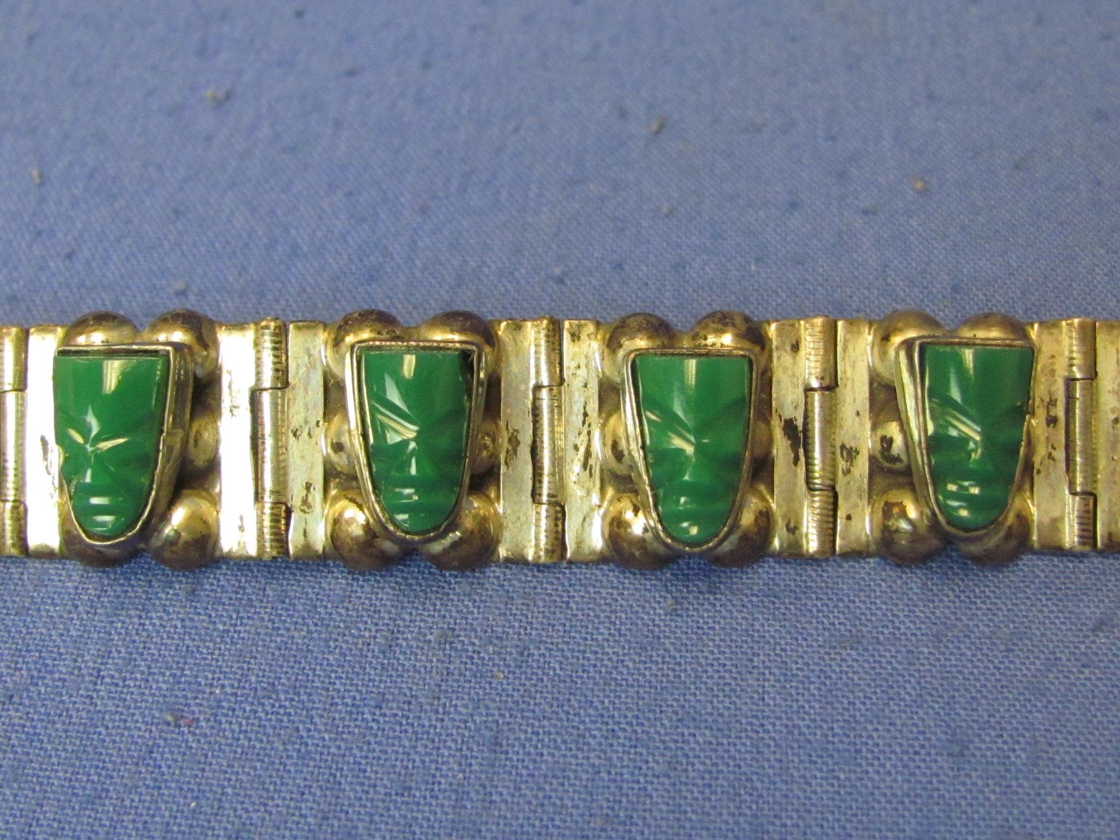 Mexican Sterling Silver Bracelet – Green Stones w Carved Faces – 7 1/2” long – 45.8 grams