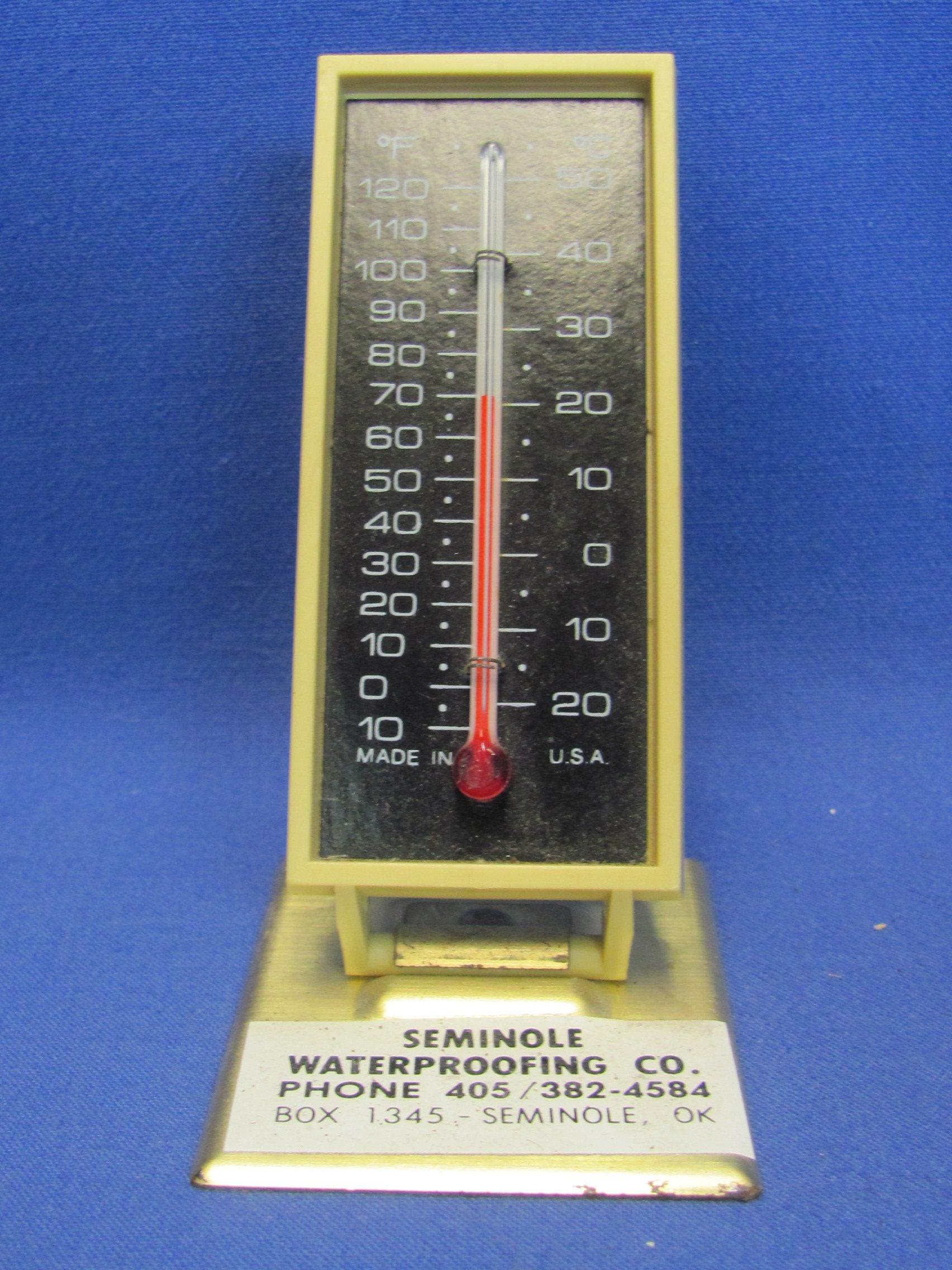 2 Advertising Thermometers from Seminole, Okla. - 4” tall – Contracting & Waterproofing