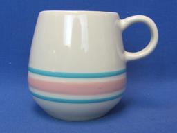 3 Stoneware Mugs/Cups by McCoy Pottery – Cream w Blue & Pink Bands – 3 5/8” tall