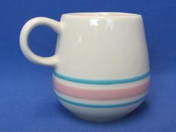 3 Stoneware Mugs/Cups by McCoy Pottery – Cream w Blue & Pink Bands – 3 5/8” tall