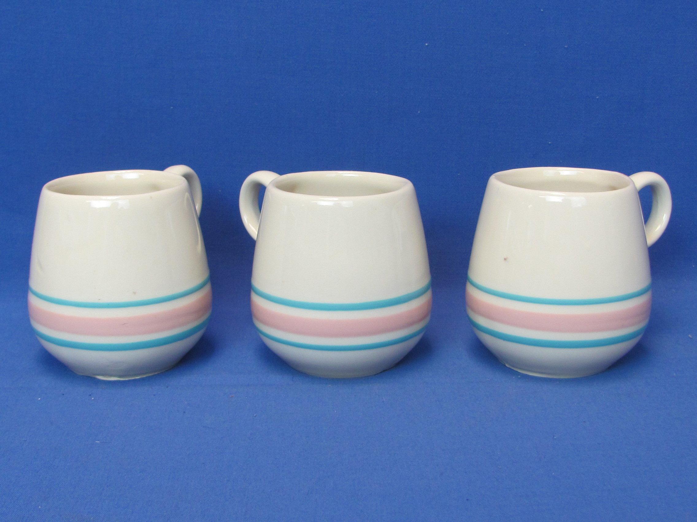 3 Stoneware Mugs/Cups by McCoy Pottery – Cream w Blue & Pink Bands – 3 5/8” tall