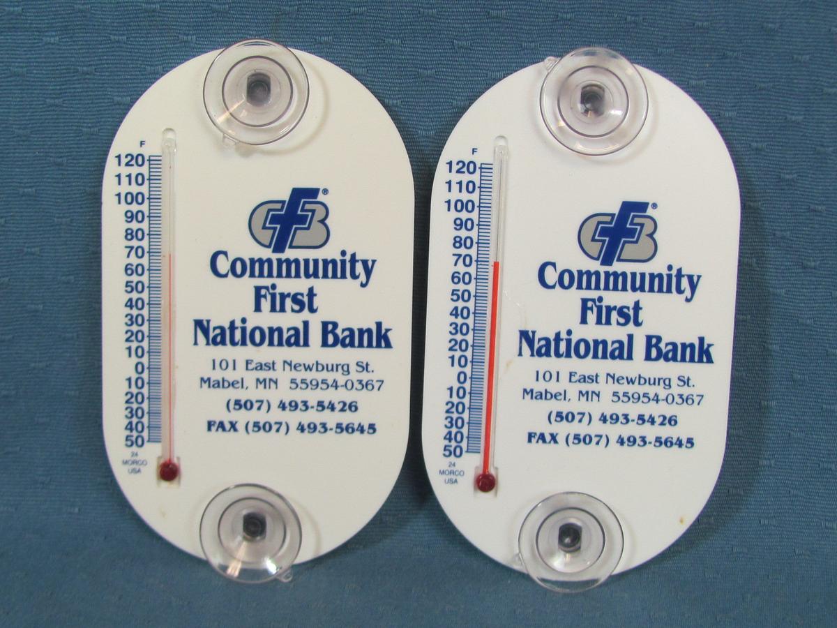 Two Window Cling Advertising Thermometers – Community First National Bank – Mabel, MN