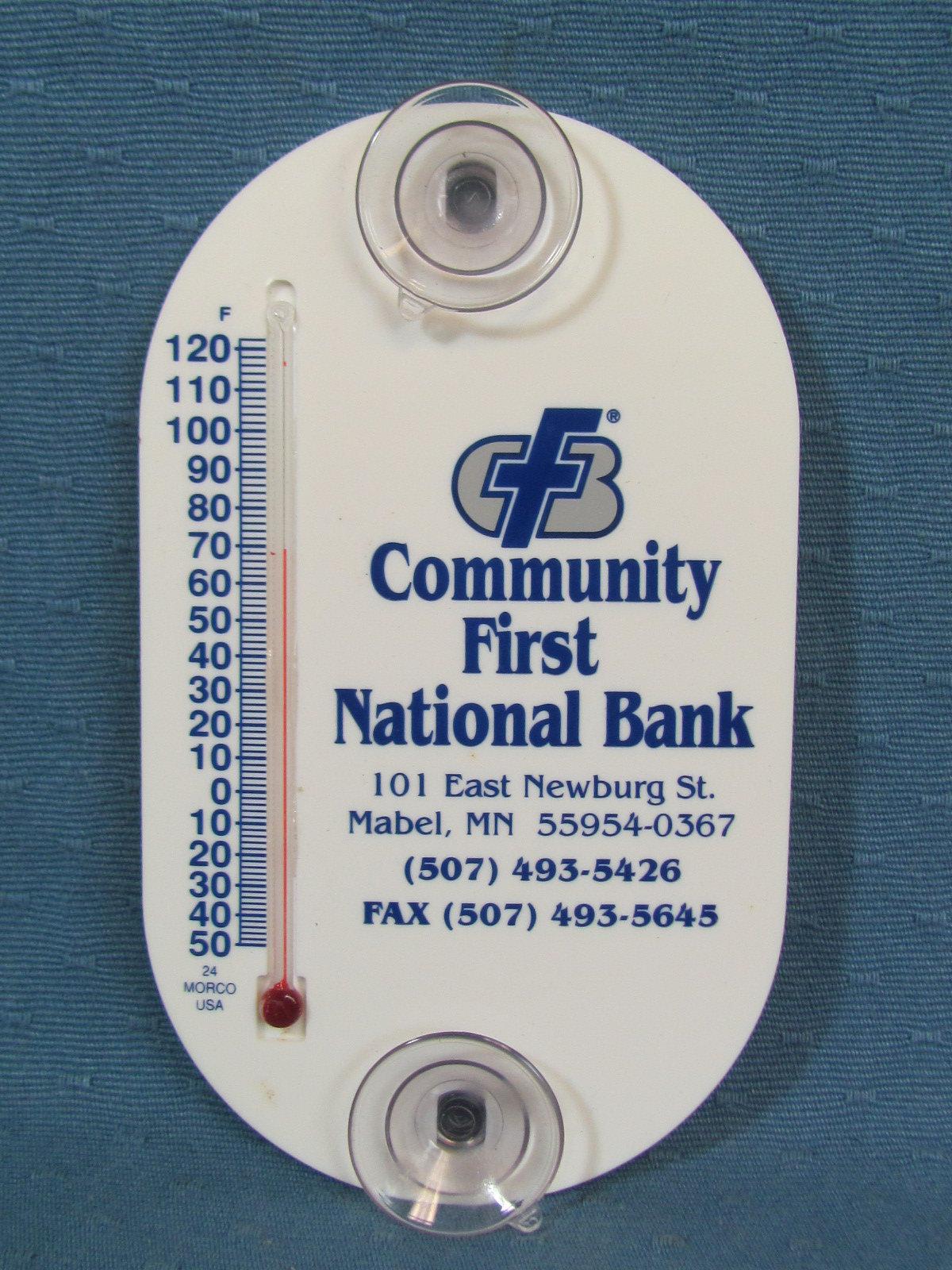 Two Window Cling Advertising Thermometers – Community First National Bank – Mabel, MN