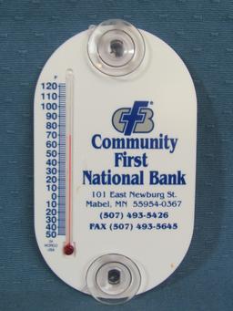 Two Window Cling Advertising Thermometers – Community First National Bank – Mabel, MN