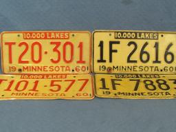 Four Minnesota License Plates from 1960 – All Different Numbers - “10,000 Lakes”