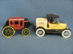 Two Coin Banks – Adolph Coors Company 1918 Ford Model T  - Wells Fargo Stage Coach Bank – 5” long