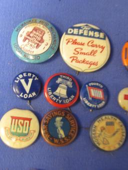 53 Assorted Pin-backs & Fold-Over Lapel Pins: WWII, Masonic, Odd Fellows, Texaco, Wm. Bendix, Union,