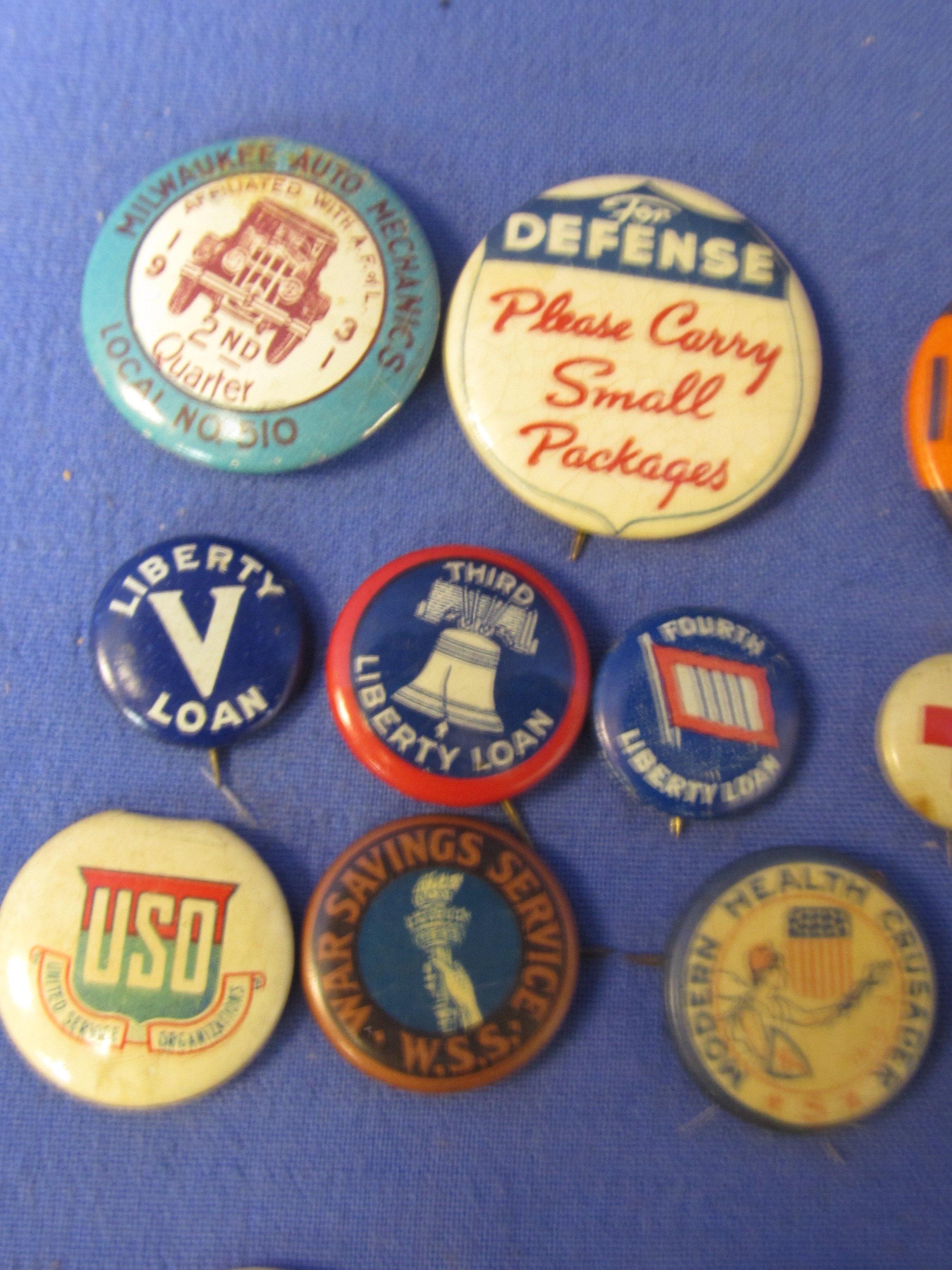 53 Assorted Pin-backs & Fold-Over Lapel Pins: WWII, Masonic, Odd Fellows, Texaco, Wm. Bendix, Union,