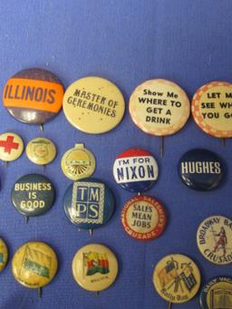 53 Assorted Pin-backs & Fold-Over Lapel Pins: WWII, Masonic, Odd Fellows, Texaco, Wm. Bendix, Union,